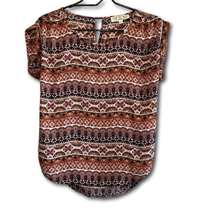 Pink Rose Flowy Blouse Brown White Geometric Cap Sleeve Womens Size Small